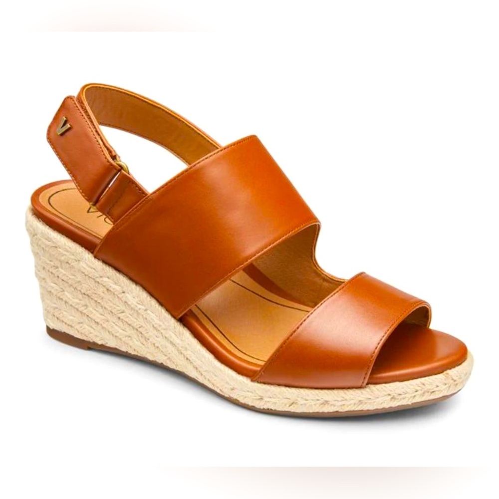 Vionic Women's Brooke Tan Leather Woven Wedge Espadrille Sandals Wide 8.5